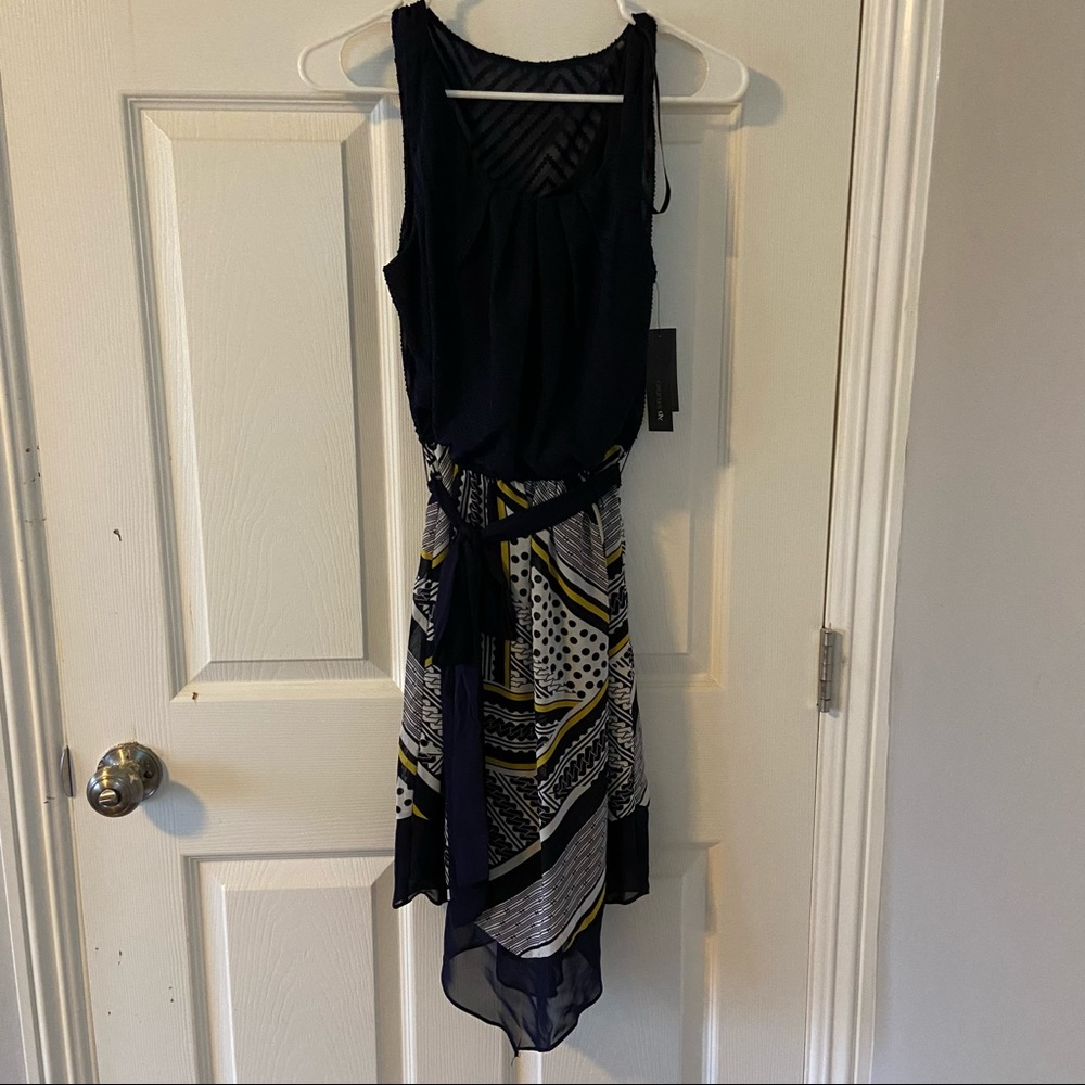 Navy and patterned handkerchief hem dress